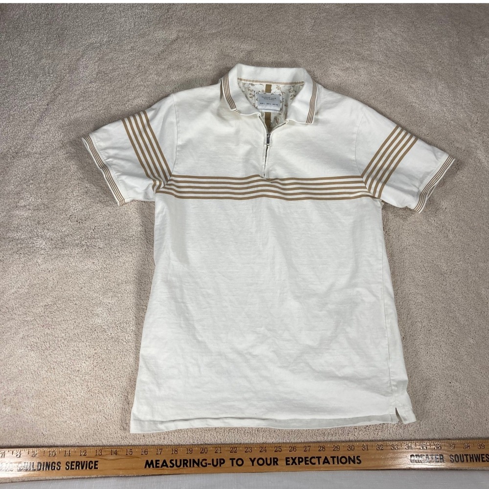 Men's White Polo with Tan Stripes - Zip Collar